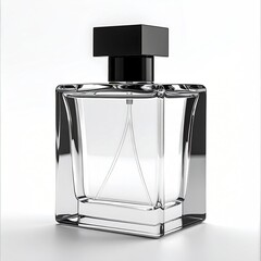 Empty clear glass perfume bottle, square shape, black cap