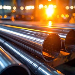 Stacked metal pipes in a factory.  Sunlight