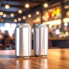 Two metallic beverage cans on a wooden table, blurred bar background