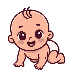 Obraz premium Cute Baby in a Diaper Crawling and Smiling Cheerfully