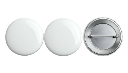 Three blank, round badges with a glossy surface, one showing the pin backing