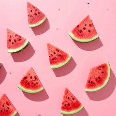 Watermelon slices arranged on a pastel pink background