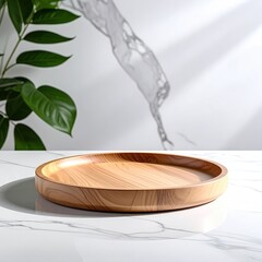Light-wood platter on white marble