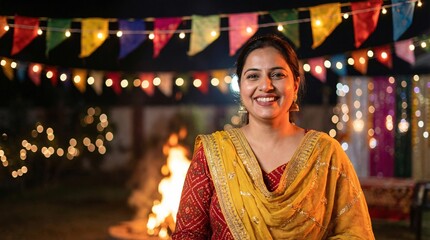 Smiling Indian woman in traditional yellow and red sari at festive outdoor event