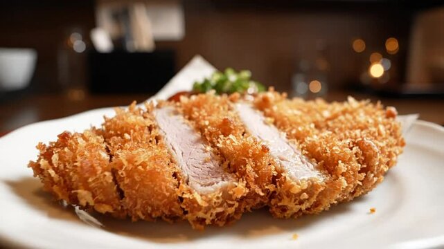 Delicious sliced pork katsu cutlet coated in breadcrumbs, a classic Japanese deep-fried dish ready to eat