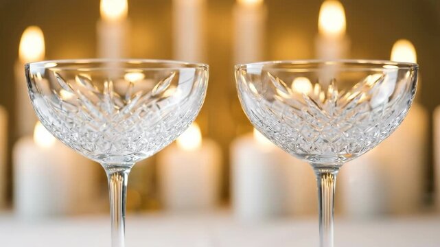 Crystal coupe glasses with candles in background. Elegant drinkware for celebration and special occasion. Party atmosphere, romantic dinner