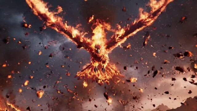 Epic Fire Phoenix Rising Amidst the Explosions of a Scorching Apocalypse, Burning Wings and Fiery Destruction
