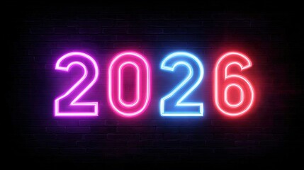Neon 2026 New Year Countdown Display on Brick Wall Vibrant Pink Blue Red Colors Festive Celebration Design Element