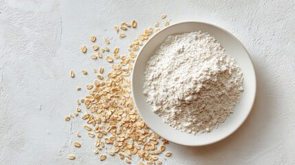 Oatmeal and oat flour in a white bowl on a clean surface