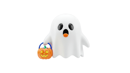 Cute Cartoon Ghost Holding a Pumpkin Candy Bucket