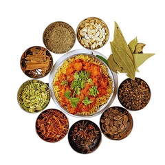 Delicious Indian dish with various spices and herbs on display