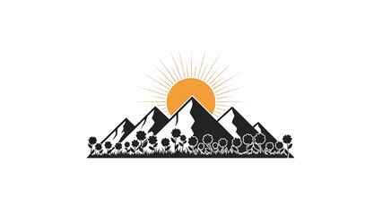 A black and orange nature illustration features mountain peaks, a radiating sun, and wildflowers growing below.  Set on a white background