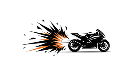 A black and orange vector illustration shows a speeding motorcycle with an energy burst effect behind it against a white background