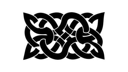 A black and white Celtic knot design featuring interwoven loops and lines, creating an intricate geometric pattern on a white background
