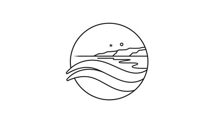 A black and white circular design depicts a coastal scene with waves, land, sea, a star, and a moon. It's serene and minimalist