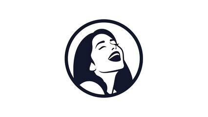 A black and white circular design of a woman with long hair, eyes closed, face tilted upward, and mouth wide open
