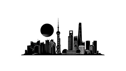 A black and white cityscape silhouette. Buildings and a stylized sun are depicted against a bright white background. It's minimalist
