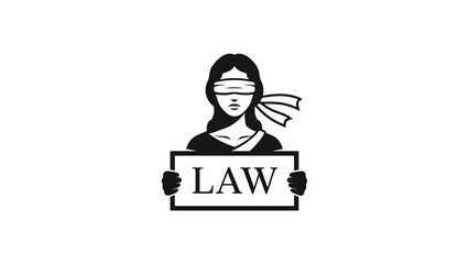 A black and white depiction of a blindfolded female figure holding a sign with the word "LAW". Her hair flows and she wears a drape