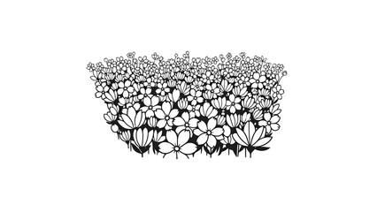 A black and white floral illustration. Different types of flowers are clustered together to form a border, petals with details