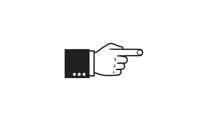 A black and white graphic depicting a hand with the index finger pointing to the right, wearing a black business suit. The background is white