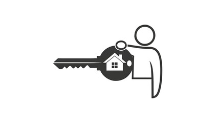 A black and white graphic depicting a key that has a house within the key's circular portion. A stick figure holds the key