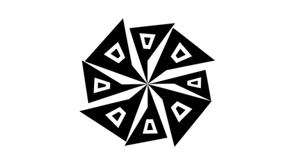 A black and white graphic design featuring a circular pattern composed of triangles with interior square shapes, on a white background