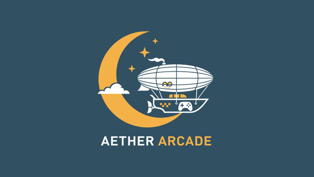 Aether Arcade logo featuring a whimsical airship, crescent moon, and stars, representing a gaming experience.