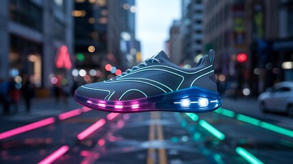 High-Tech Glowing Sneaker with Pink & Blue Neon Lights in an Urban City Street