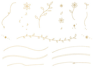 シンプルな花と葉：金色の線画イラストセット