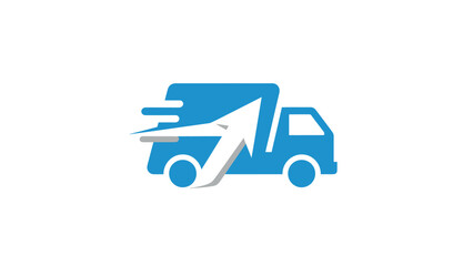Blue delivery truck logo with arrow representing fast shipping and transport.