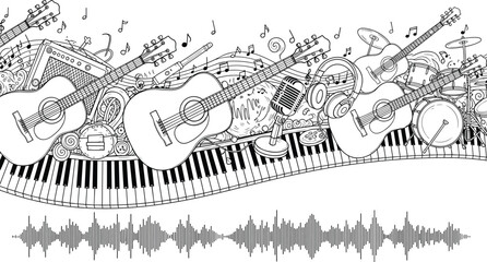 Hand drawn music instruments vector illustration, acoustic guitars, piano keyboard, microphone, drums, sound waveform, black and white creative line art composition © MstNur