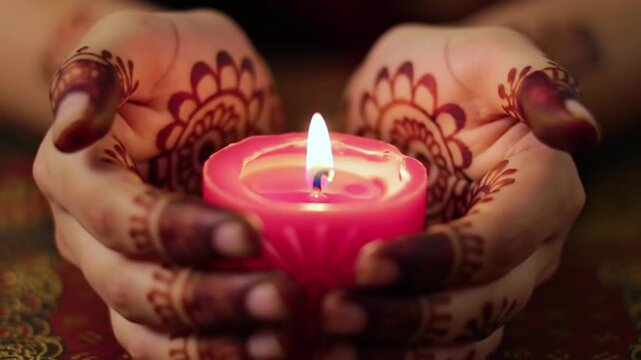 A person's hands with henna designs cradling a lit pink candle on a decorative surface with a patterned background, evoking a sense of warmth and celebration, possibly for Diwali or a similar cultural