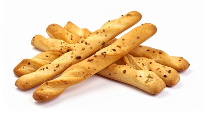 Crunchy italian breadsticks with herbs and seeds isolated on white background