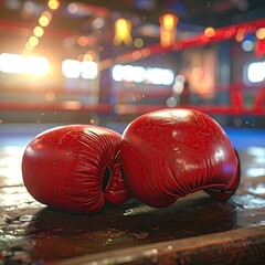 Worn boxing gloves rest on a wooden surface in a dimly lit boxing ring
