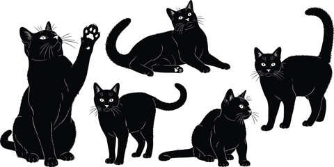 Large black cat silhouettes collection, vector illustration set featuring domestic felines in various active poses like sitting, walking, stretching, and playing on white. (Exactly 24 words) © MstNur