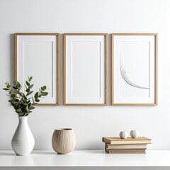 Three framed prints, light wood, minimalist decor