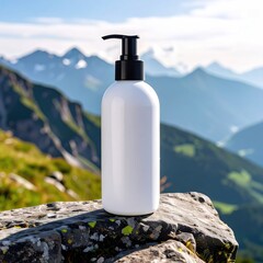 White pump bottle on mountaintop rock