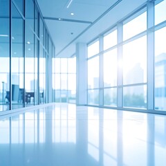 Modern office hallway with large windows