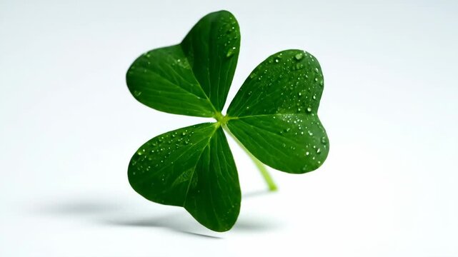 Green clover leaf covered with water drops rotating and tilting on a white surface, a symbol of luck and St Patrick&rsquo;s Day