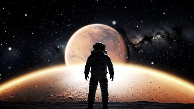 Astronaut standing on planetary surface gazing at large orange planet with spacecraft flying by in starry space background for astronomy or space exploration themes