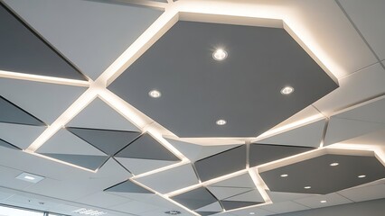 Futuristic geometric ceiling design with integrated led lighting and hexagonal panels