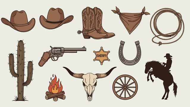Wild West Cowboy Collection Icons and Symbols.