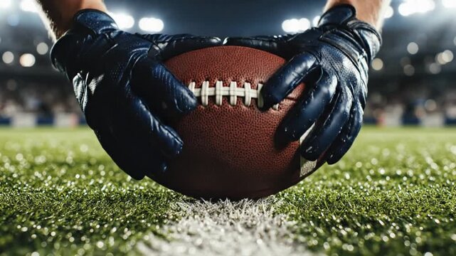 Close-up of a football player's hands gripping the ball on the field during a night game