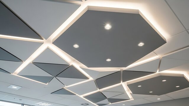 Futuristic geometric ceiling design with integrated led lighting and hexagonal panels
