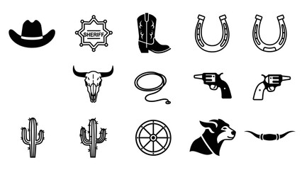 Obraz premium Wild West Cowboy Icons Collection Featuring Western Symbols.
