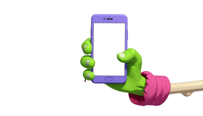Vibrant green creature hand holding blank purple digital device 3D illustration
