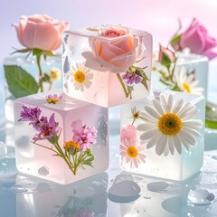 Delicate flowers encased in ice cubes