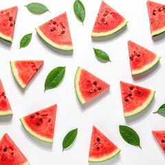Fresh watermelon slices and leaves on white (1)