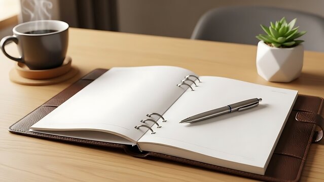 Open blank notebook with pen and coffee on wooden desk