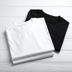 Two folded t-shirts, white and black, on a white wooden surface